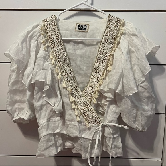 Pho Firenze White & Gold Wrap Front Blouse - Picture 2 of 5